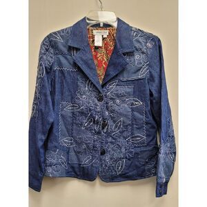 COLD WATER CREEK FLORAL EMBROIDERED PATCHWORK BLUE DENIM JACKET PXS